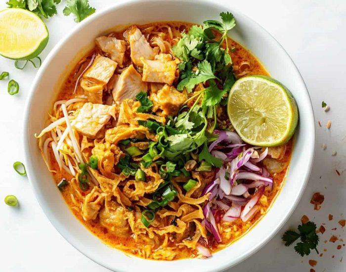you are an expert food photographer for a thai food blog. make a photo of khao soi with a white background, using vibrant colors and an overhead shot --v 6.1 Job ID: 75b493d3-7dd2-4bd9-8542-368cdc837d9d